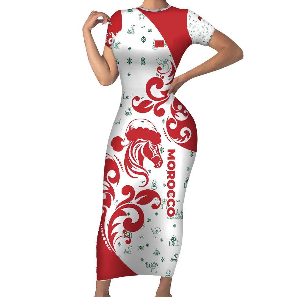 Morocco Christmas Family Matching Short Sleeve Bodycon Dress and Hawaiian Shirt with Red Horse Santa Hat Arabesque Pattern and Holiday Icons Design - Wonder Print Shop