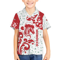 Morocco Christmas Family Matching Short Sleeve Bodycon Dress and Hawaiian Shirt with Red Horse Santa Hat Arabesque Pattern and Holiday Icons Design - Wonder Print Shop