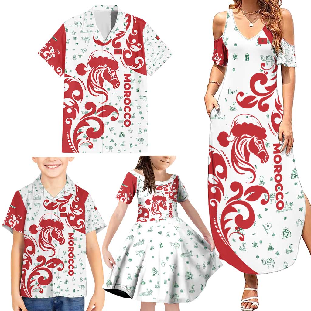Morocco Christmas Family Matching Summer Maxi Dress and Hawaiian Shirt with Red Horse Santa Hat Arabesque Pattern and Holiday Icons Design - Wonder Print Shop