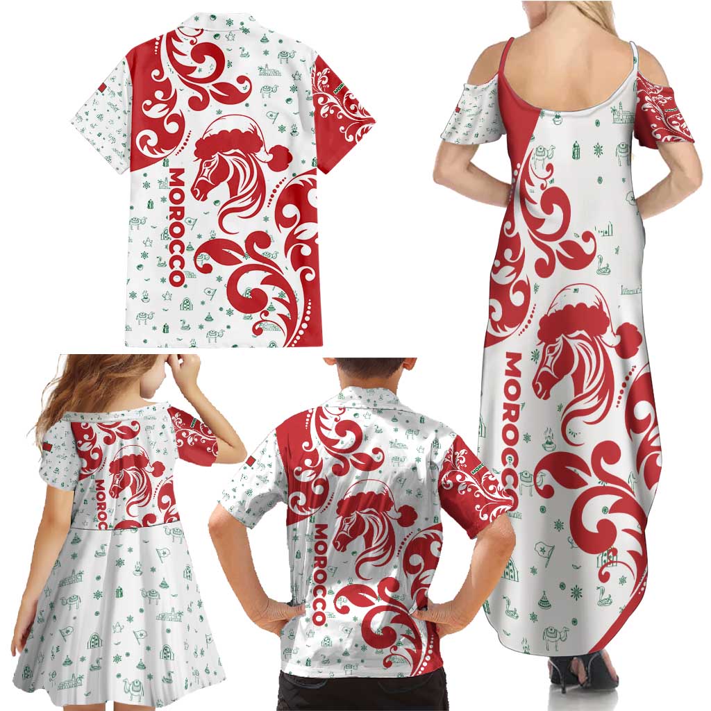 Morocco Christmas Family Matching Summer Maxi Dress and Hawaiian Shirt with Red Horse Santa Hat Arabesque Pattern and Holiday Icons Design - Wonder Print Shop