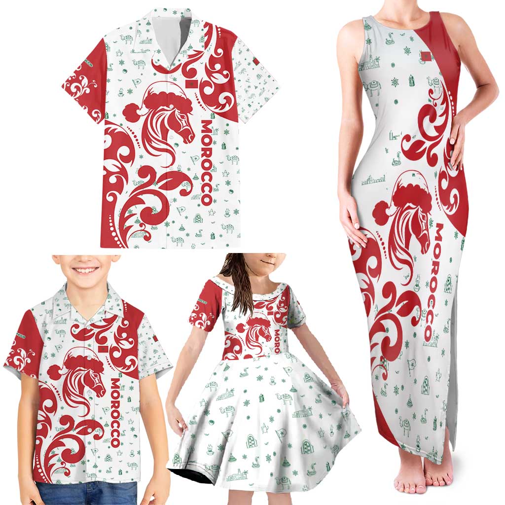 Morocco Christmas Family Matching Tank Maxi Dress and Hawaiian Shirt with Red Horse Santa Hat Arabesque Pattern and Holiday Icons Design - Wonder Print Shop