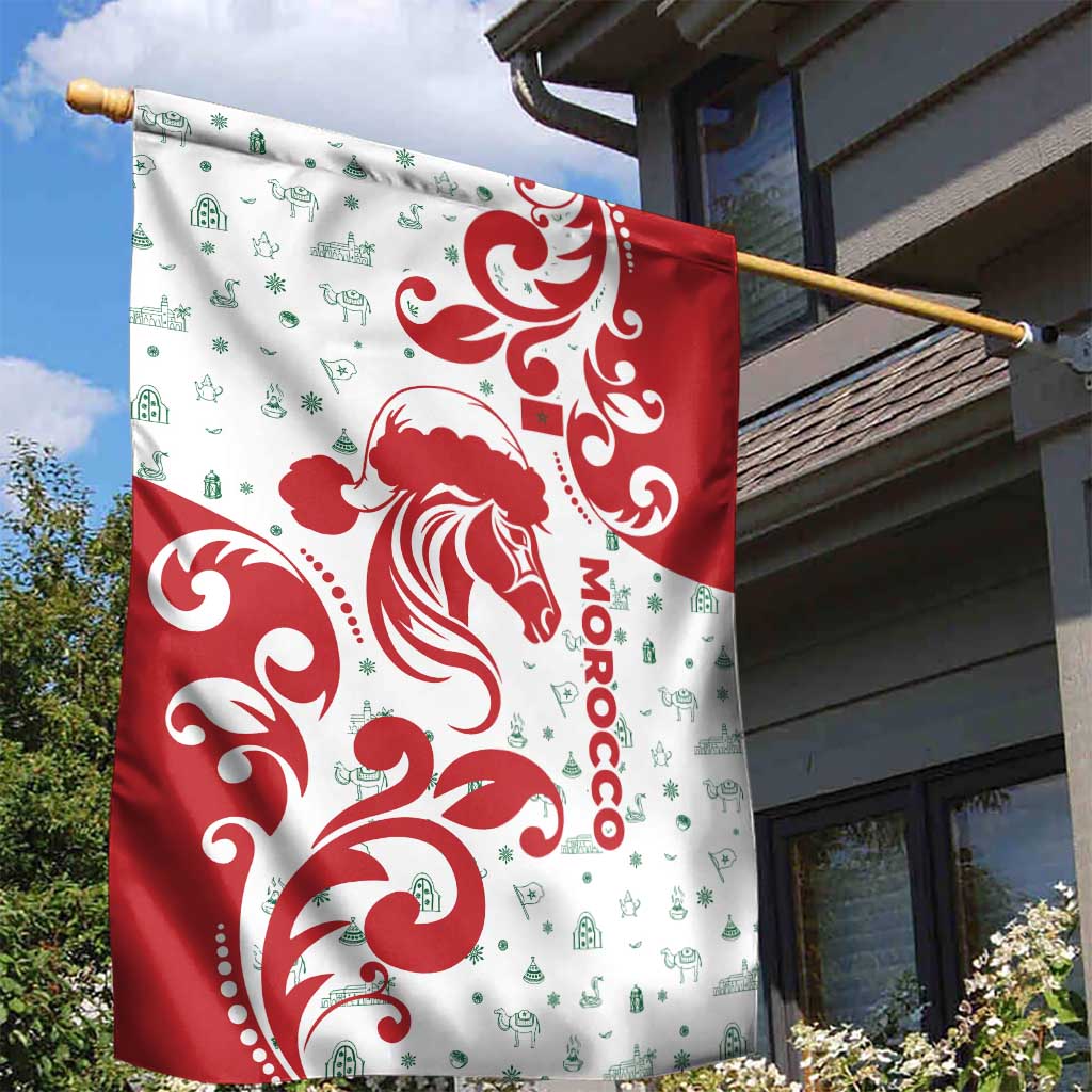 Morocco Christmas Garden Flag with Red Horse Santa Hat Arabesque Pattern and Holiday Icons Design - Wonder Print Shop