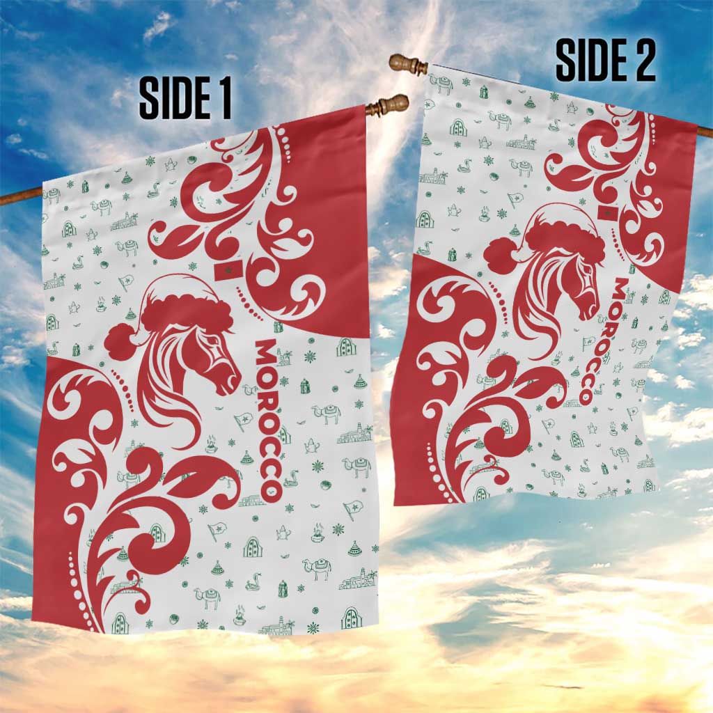 Morocco Christmas Garden Flag with Red Horse Santa Hat Arabesque Pattern and Holiday Icons Design - Wonder Print Shop