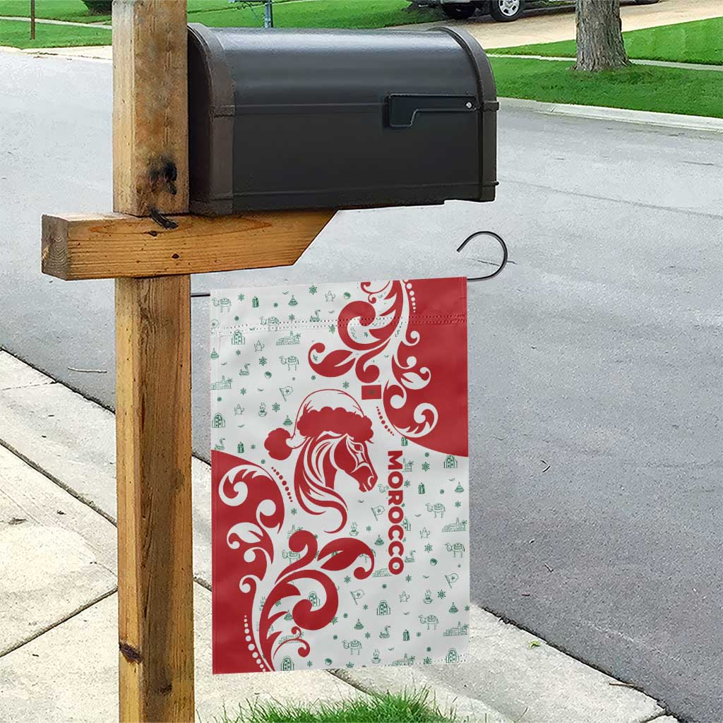 Morocco Christmas Garden Flag with Red Horse Santa Hat Arabesque Pattern and Holiday Icons Design - Wonder Print Shop