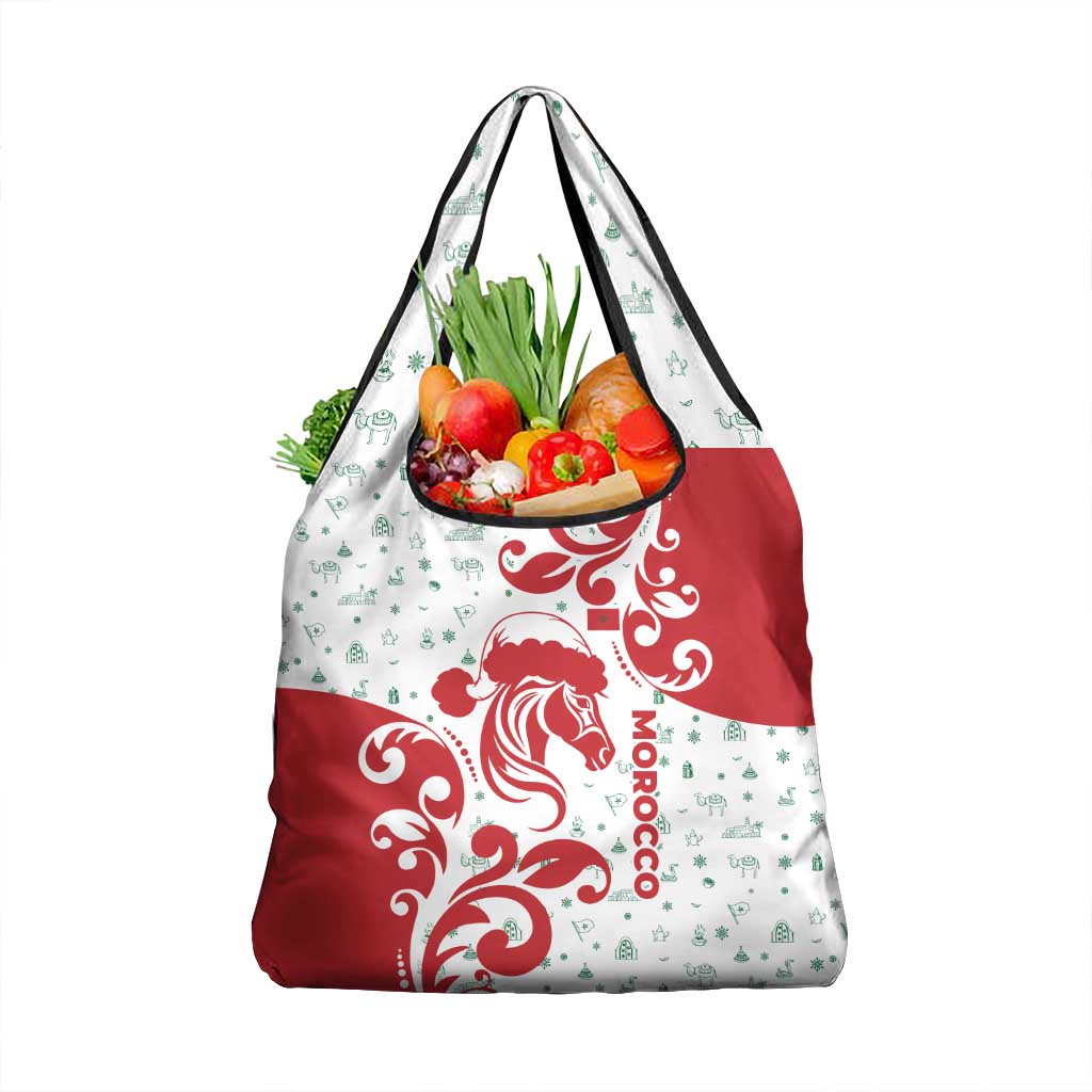 Morocco Christmas Grocery Bag with Red Horse Santa Hat Arabesque Pattern and Holiday Icons Design - Wonder Print Shop