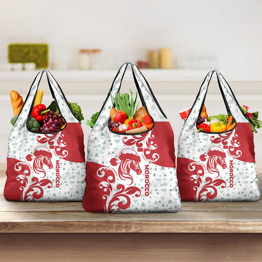 Morocco Christmas Grocery Bag with Red Horse Santa Hat Arabesque Pattern and Holiday Icons Design - Wonder Print Shop