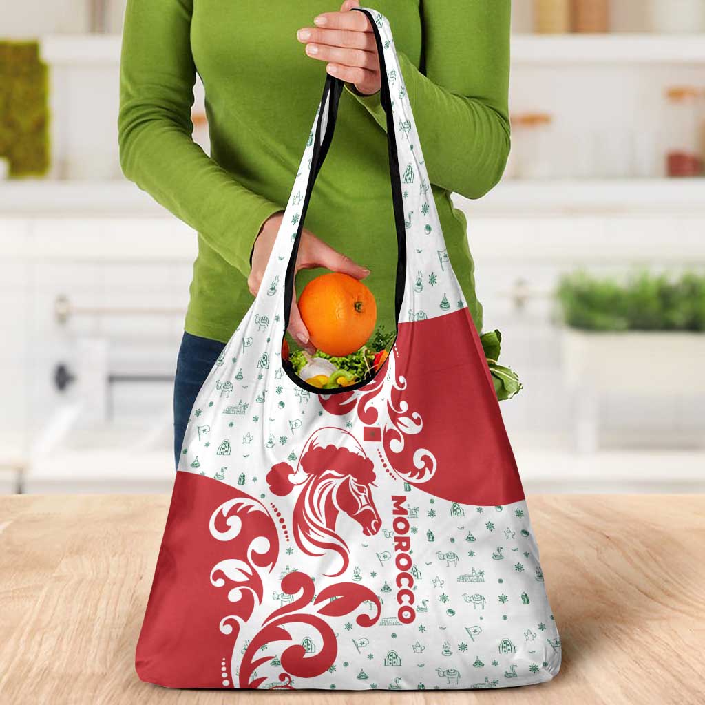 Morocco Christmas Grocery Bag with Red Horse Santa Hat Arabesque Pattern and Holiday Icons Design - Wonder Print Shop