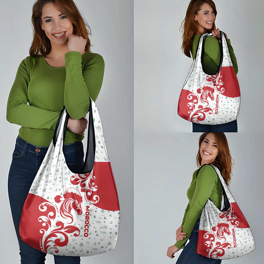 Morocco Christmas Grocery Bag with Red Horse Santa Hat Arabesque Pattern and Holiday Icons Design - Wonder Print Shop