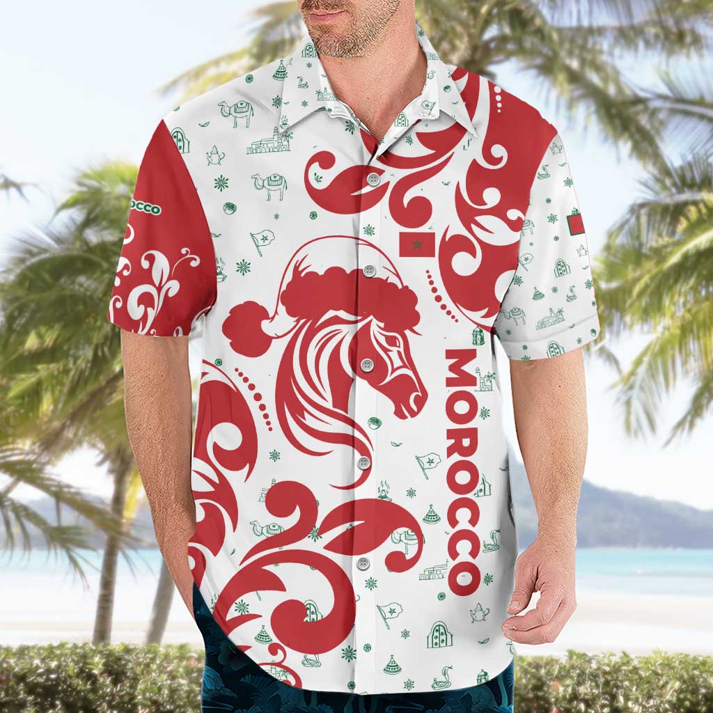 Morocco Christmas Hawaiian Shirt with Red Horse Santa Hat Arabesque Pattern and Holiday Icons Design - Wonder Print Shop