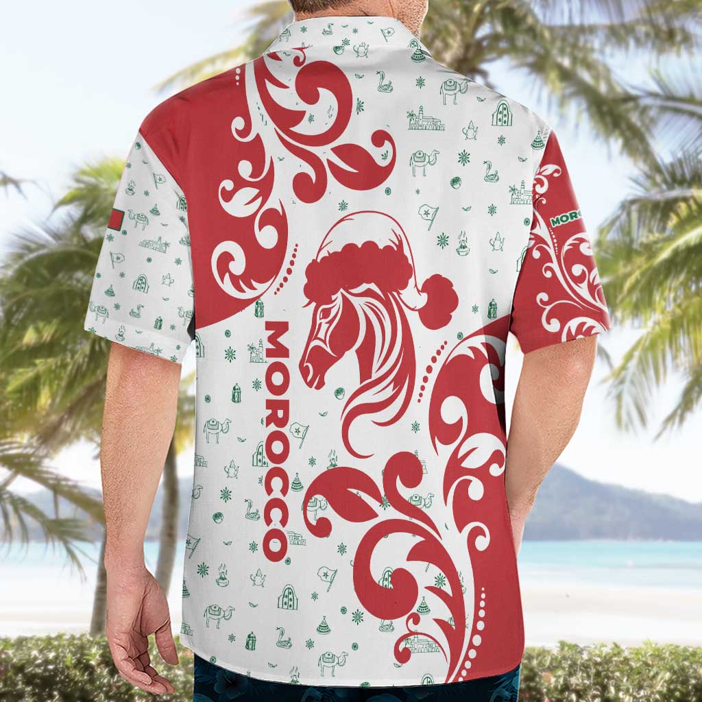 Morocco Christmas Hawaiian Shirt with Red Horse Santa Hat Arabesque Pattern and Holiday Icons Design - Wonder Print Shop