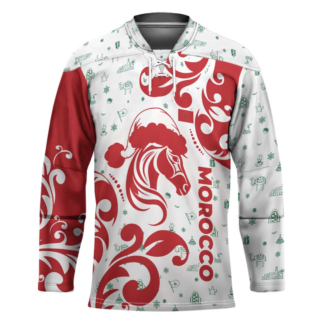 Morocco Christmas Hockey Jersey with Red Horse Santa Hat Arabesque Pattern and Holiday Icons Design - Wonder Print Shop