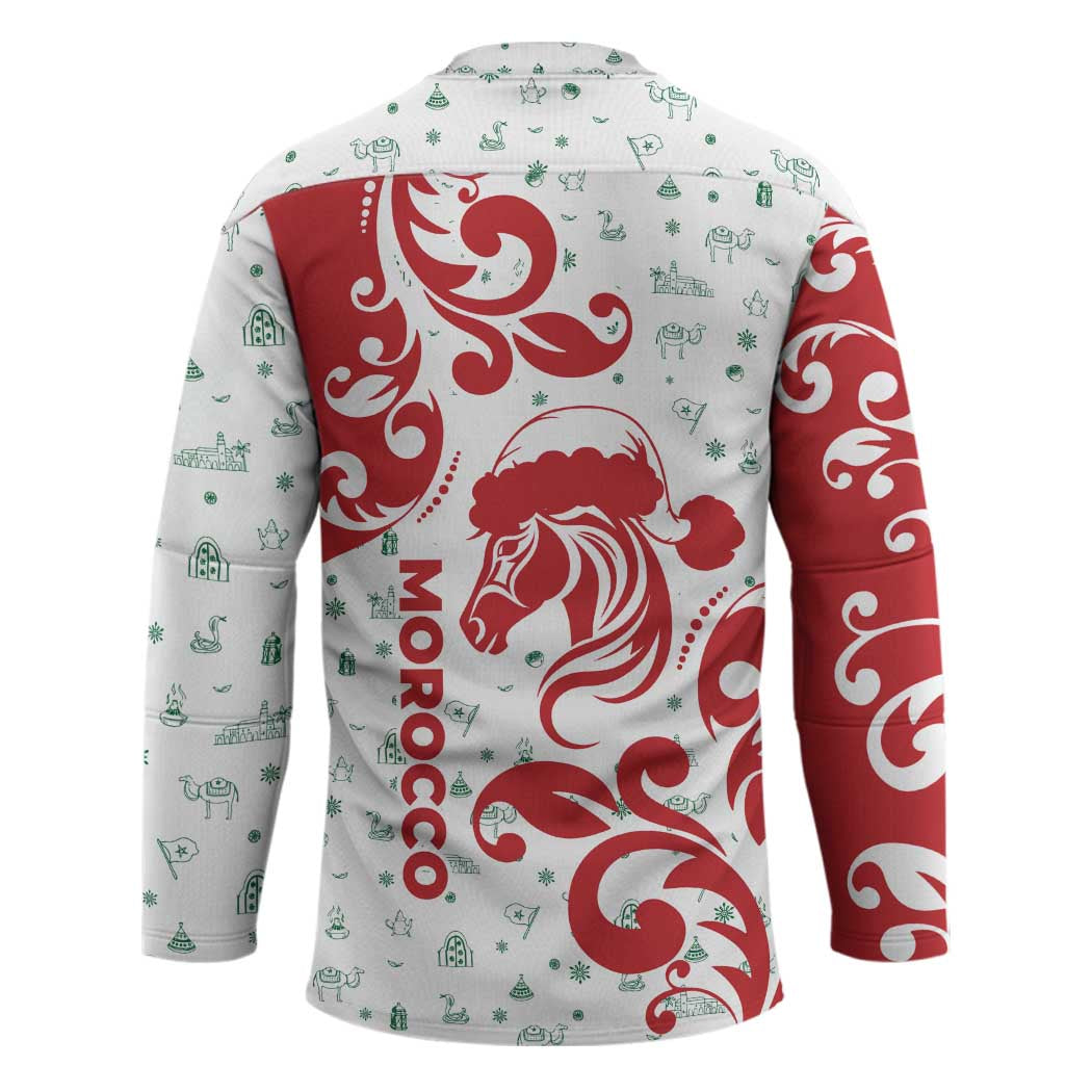 Morocco Christmas Hockey Jersey with Red Horse Santa Hat Arabesque Pattern and Holiday Icons Design - Wonder Print Shop