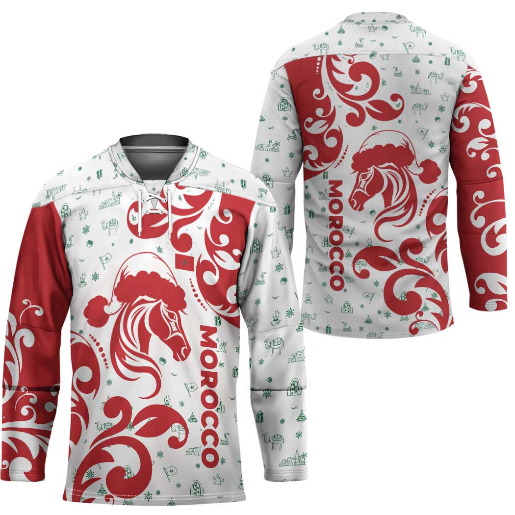 Morocco Christmas Hockey Jersey with Red Horse Santa Hat Arabesque Pattern and Holiday Icons Design - Wonder Print Shop