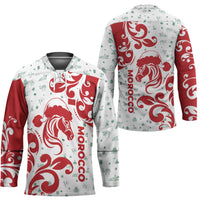 Morocco Christmas Hockey Jersey with Red Horse Santa Hat Arabesque Pattern and Holiday Icons Design - Wonder Print Shop