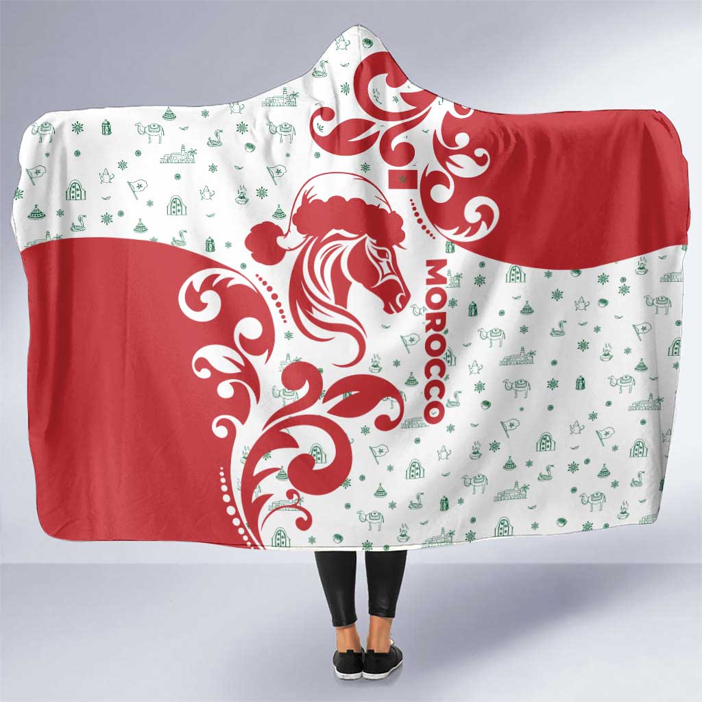 Morocco Christmas Hooded Blanket with Red Horse Santa Hat Arabesque Pattern and Holiday Icons Design - Wonder Print Shop