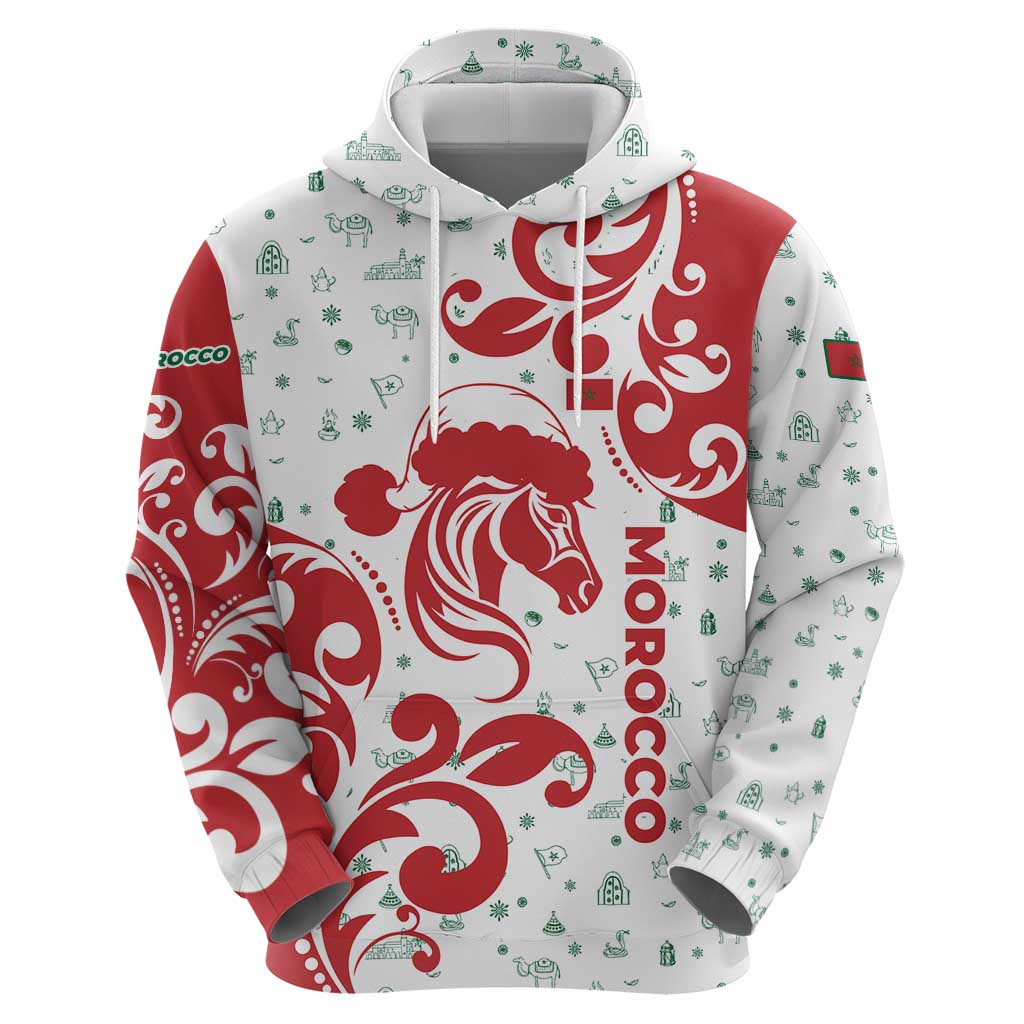 Morocco Christmas Hoodie with Red Horse Santa Hat Arabesque Pattern and Holiday Icons Design - Wonder Print Shop