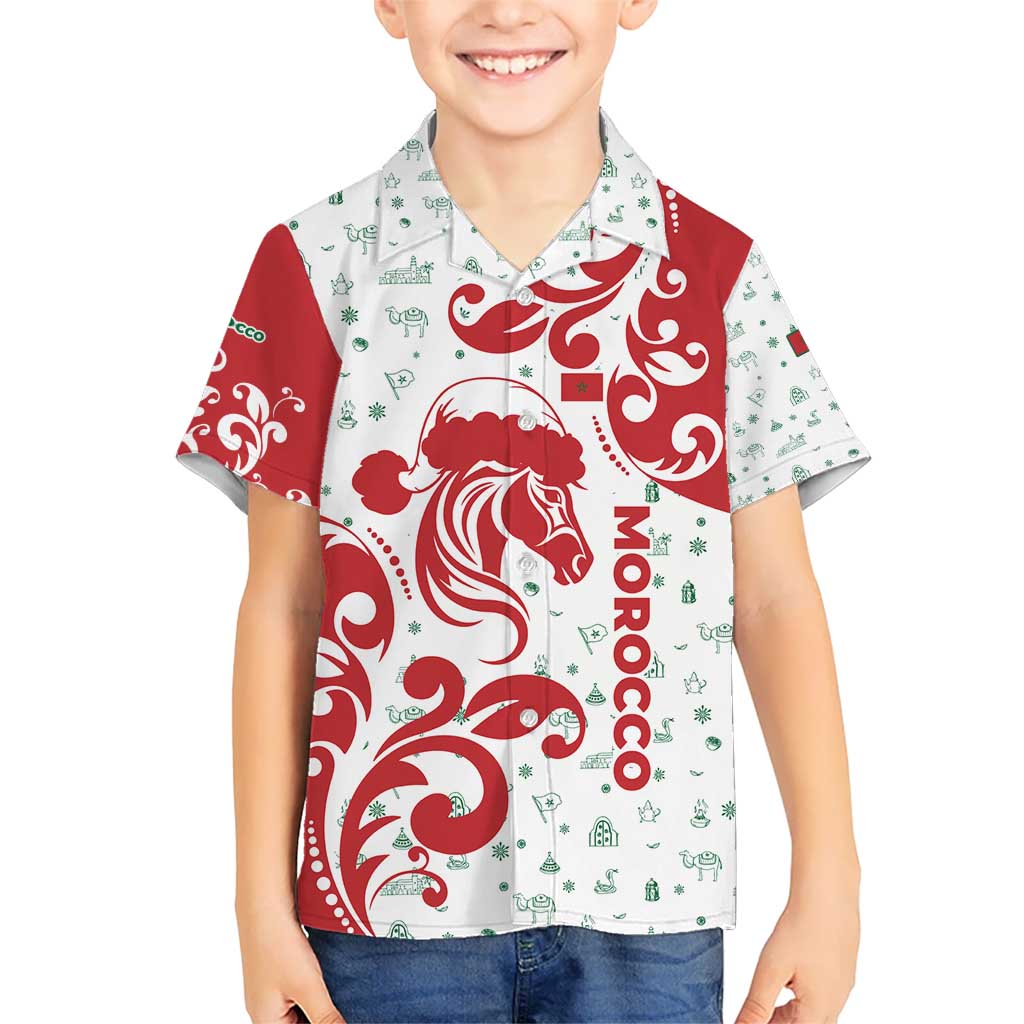 Morocco Christmas Kid Hawaiian Shirt with Red Horse Santa Hat Arabesque Pattern and Holiday Icons Design - Wonder Print Shop