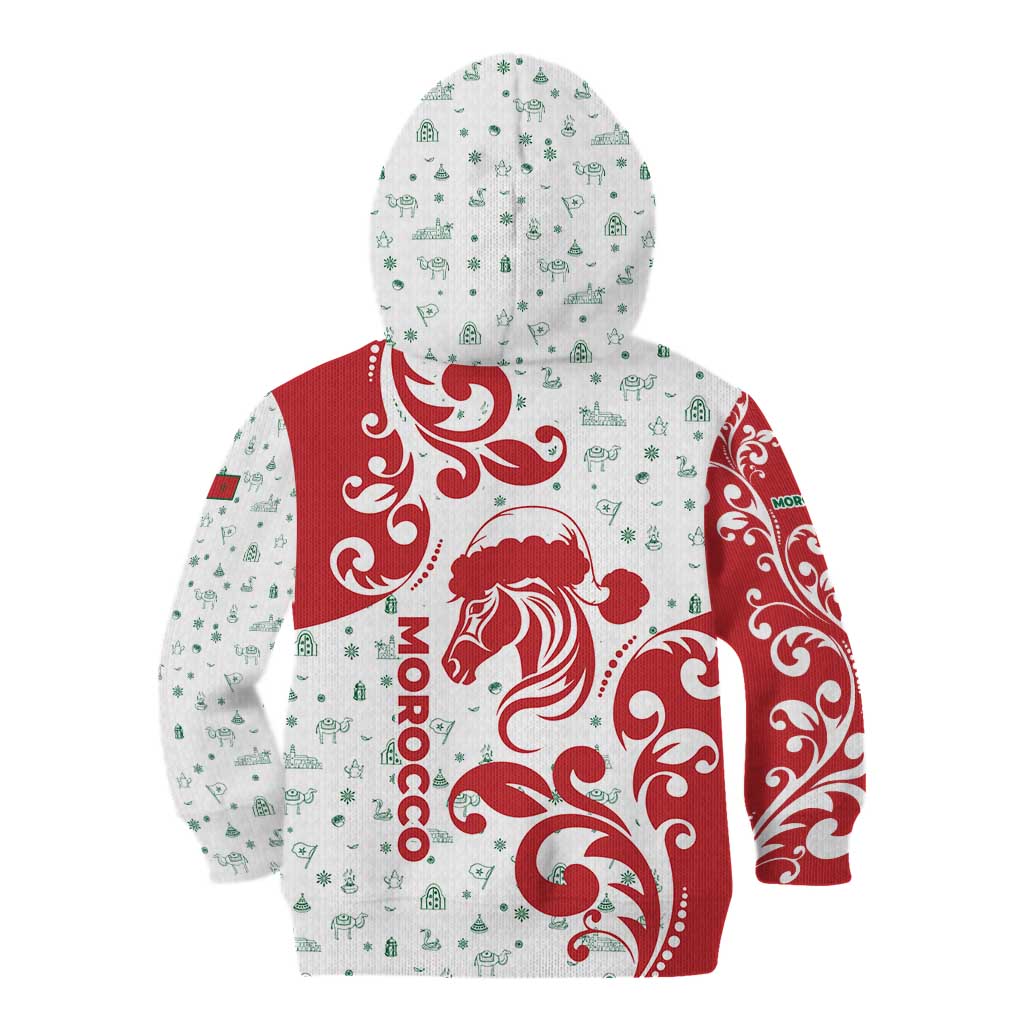 Morocco Christmas Kid Hoodie with Red Horse Santa Hat Arabesque Pattern and Holiday Icons Design - Wonder Print Shop