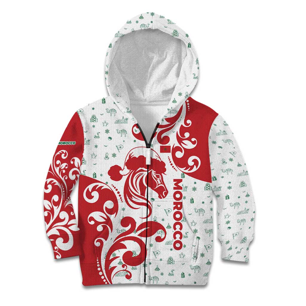 Morocco Christmas Kid Hoodie with Red Horse Santa Hat Arabesque Pattern and Holiday Icons Design - Wonder Print Shop