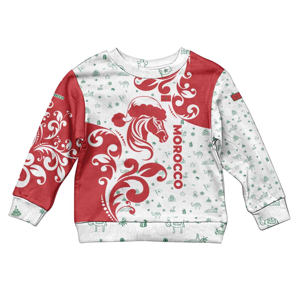 Morocco Christmas Kid Ugly Christmas Sweater with Red Horse Santa Hat Arabesque Pattern and Holiday Icons Design - Wonder Print Shop