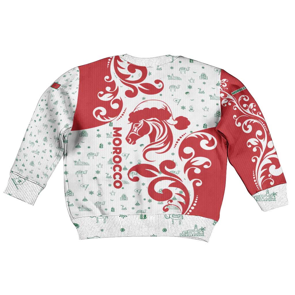 Morocco Christmas Kid Ugly Christmas Sweater with Red Horse Santa Hat Arabesque Pattern and Holiday Icons Design - Wonder Print Shop