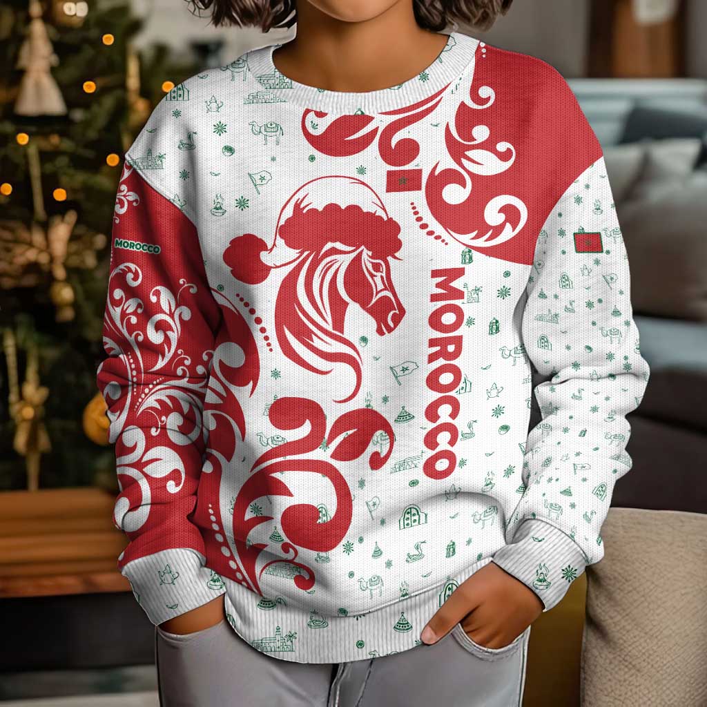 Morocco Christmas Kid Ugly Christmas Sweater with Red Horse Santa Hat Arabesque Pattern and Holiday Icons Design - Wonder Print Shop