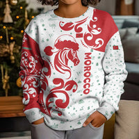 Morocco Christmas Kid Ugly Christmas Sweater with Red Horse Santa Hat Arabesque Pattern and Holiday Icons Design - Wonder Print Shop