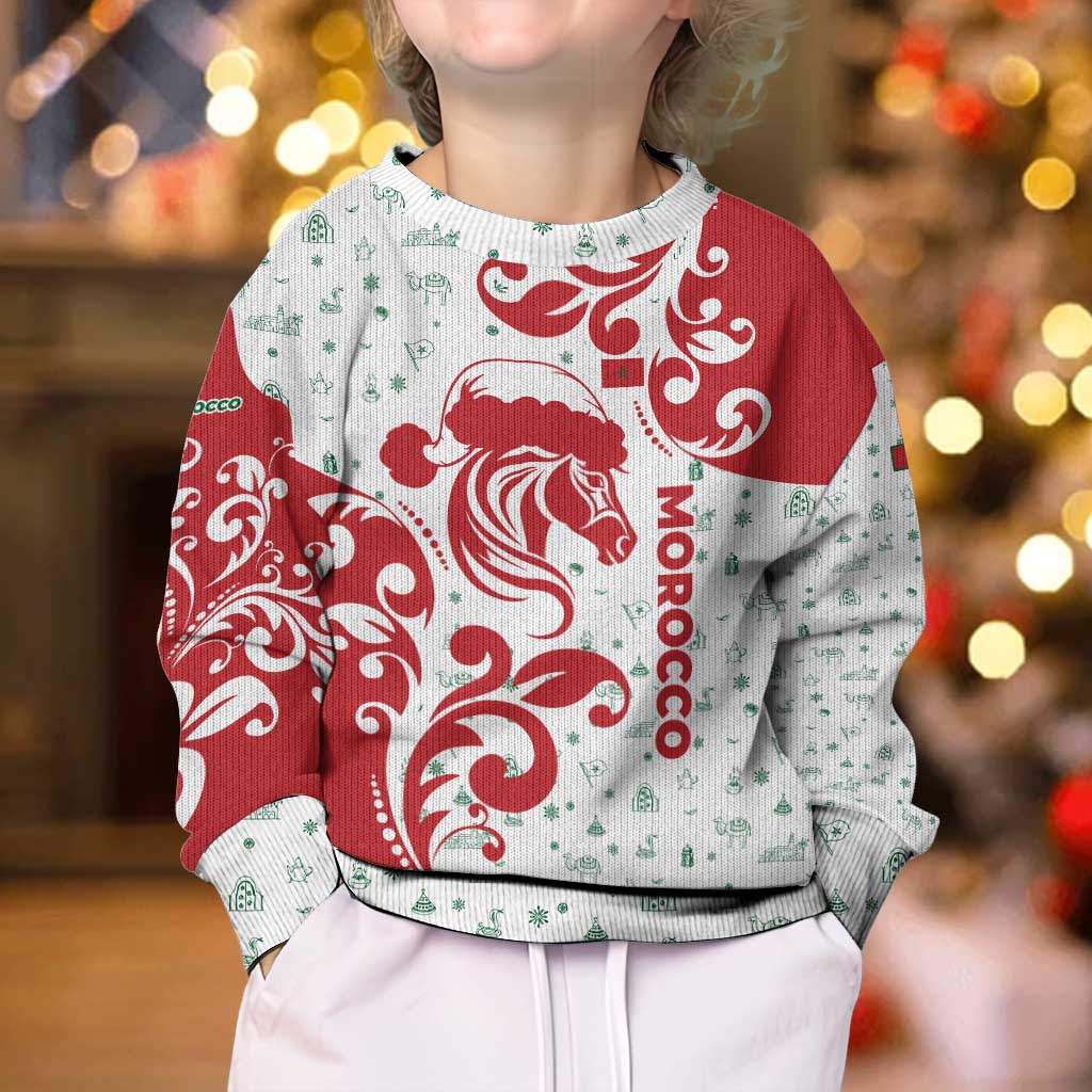 Morocco Christmas Kid Ugly Christmas Sweater with Red Horse Santa Hat Arabesque Pattern and Holiday Icons Design - Wonder Print Shop