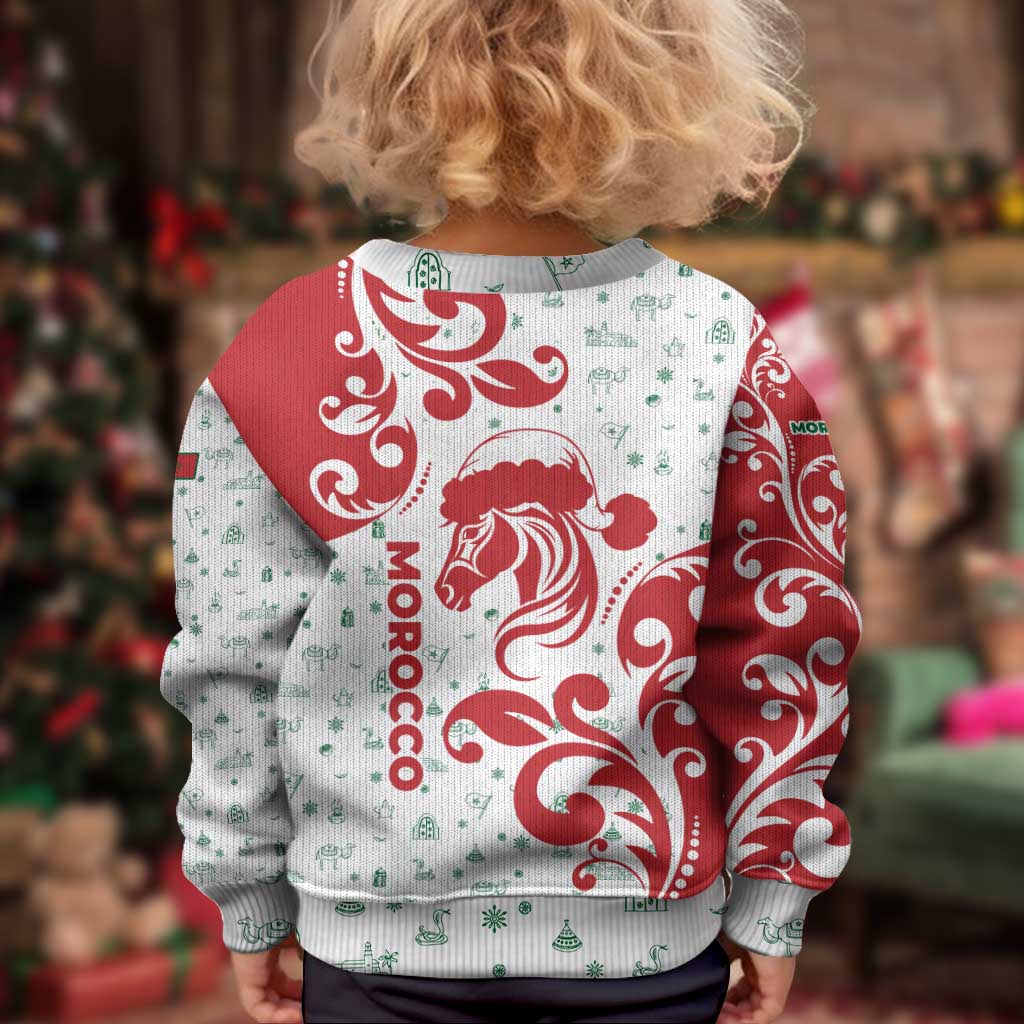 Morocco Christmas Kid Ugly Christmas Sweater with Red Horse Santa Hat Arabesque Pattern and Holiday Icons Design - Wonder Print Shop