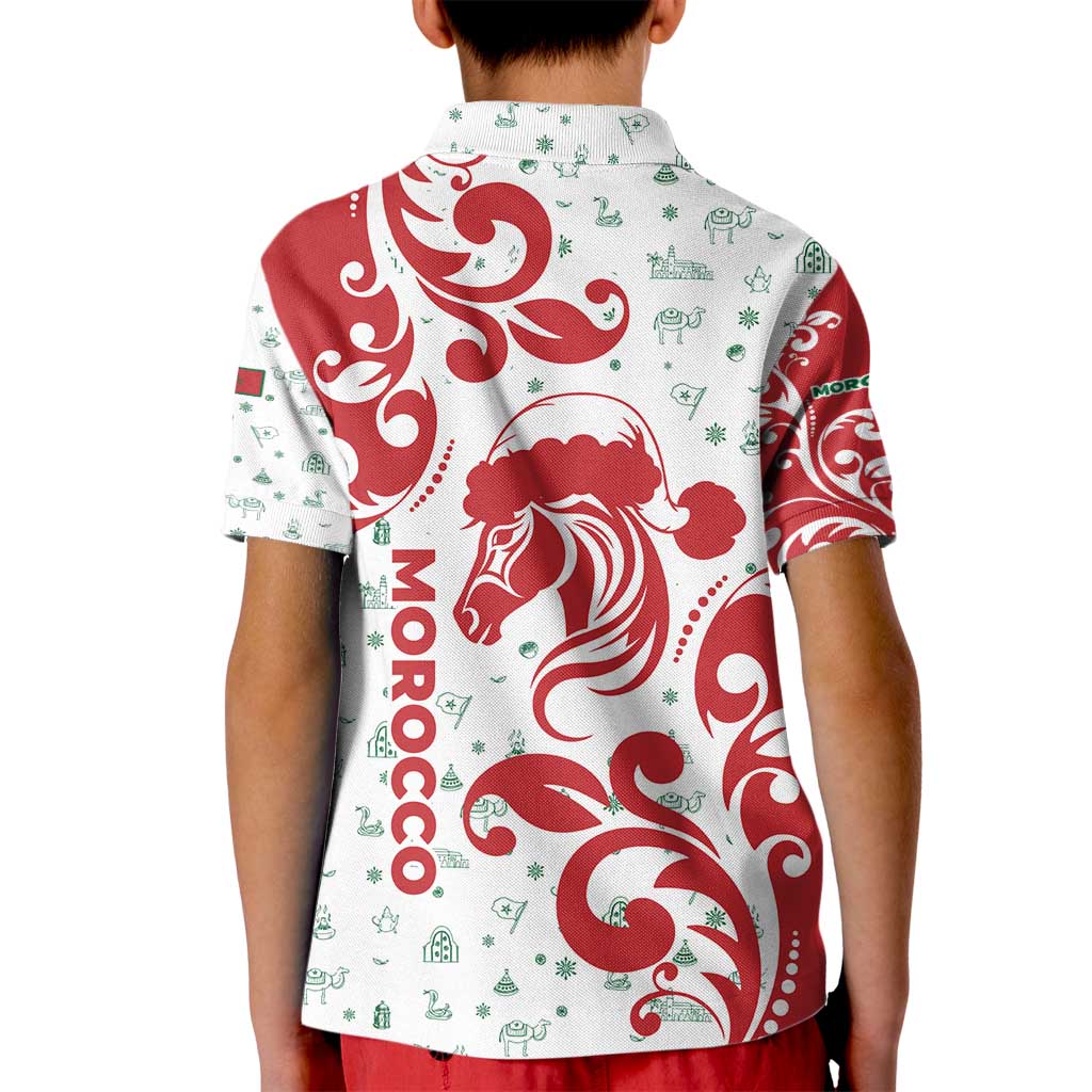 Morocco Christmas Kid Polo Shirt with Red Horse Santa Hat Arabesque Pattern and Holiday Icons Design - Wonder Print Shop