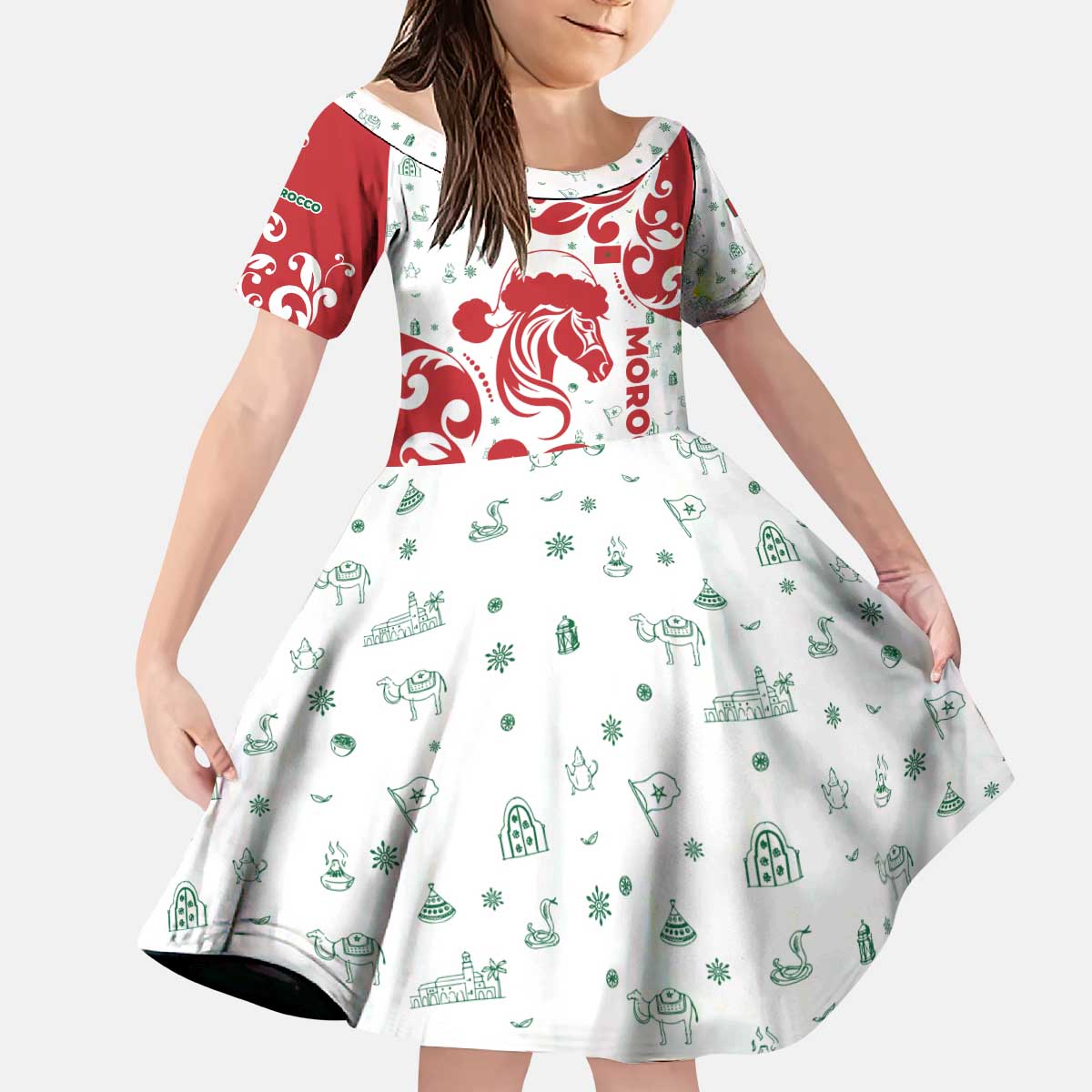 Morocco Christmas Kid Short Sleeve Dress with Red Horse Santa Hat Arabesque Pattern and Holiday Icons Design - Wonder Print Shop