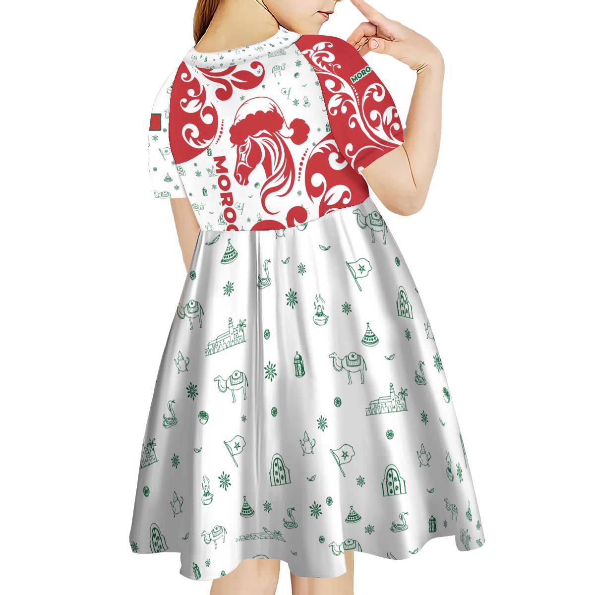 Morocco Christmas Kid Short Sleeve Dress with Red Horse Santa Hat Arabesque Pattern and Holiday Icons Design - Wonder Print Shop