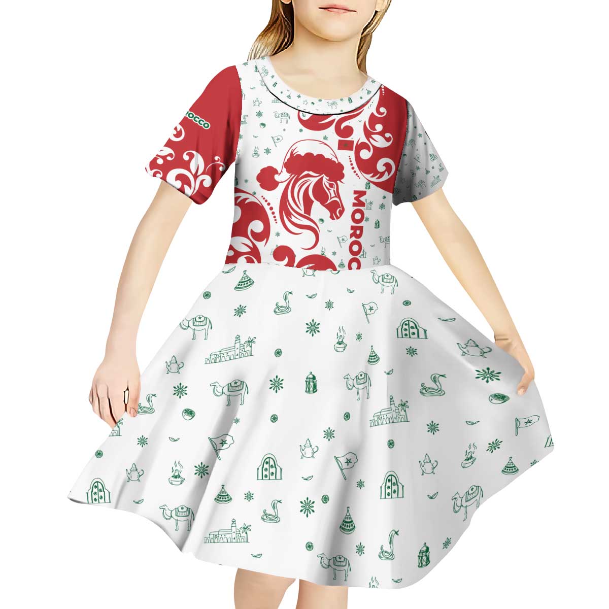 Morocco Christmas Kid Short Sleeve Dress with Red Horse Santa Hat Arabesque Pattern and Holiday Icons Design - Wonder Print Shop