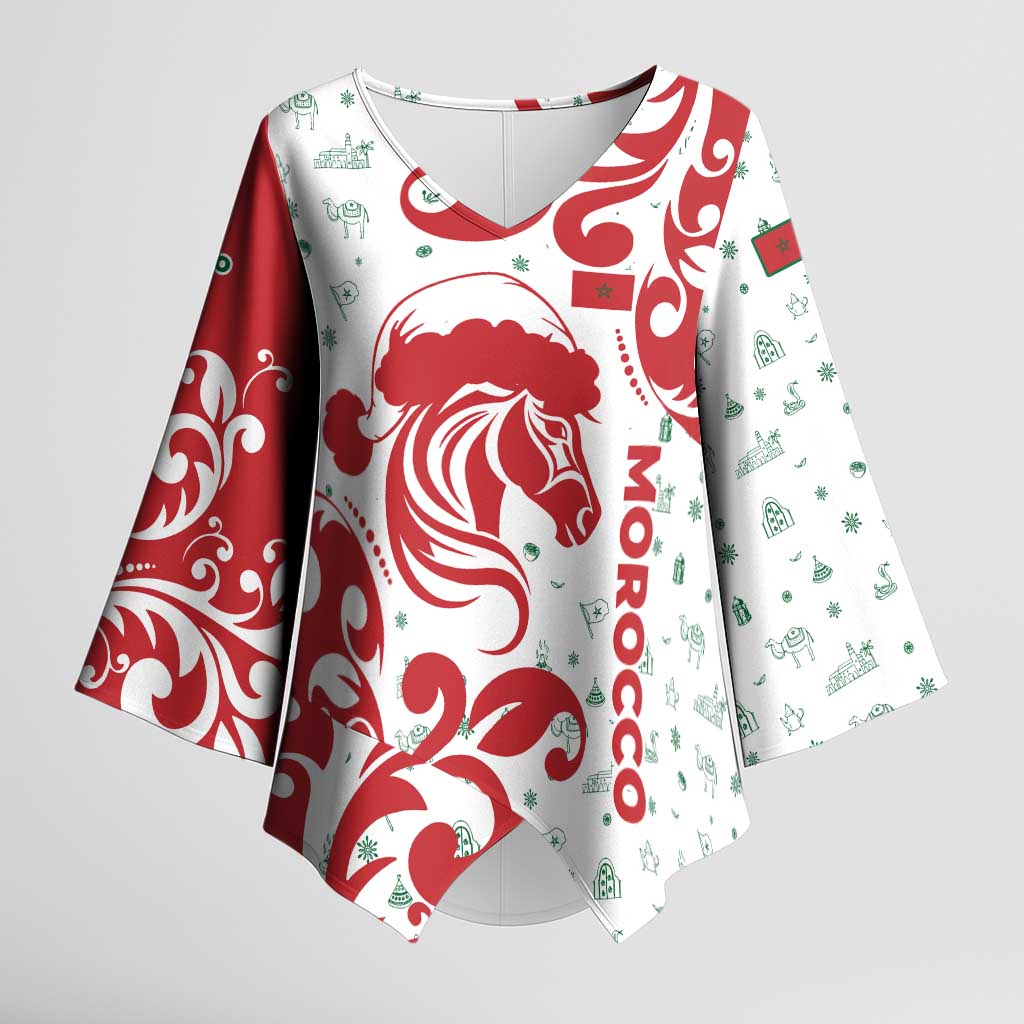 Morocco Christmas Kimono Sleeve Blouse with Red Horse Santa Hat Arabesque Pattern and Holiday Icons Design - Wonder Print Shop