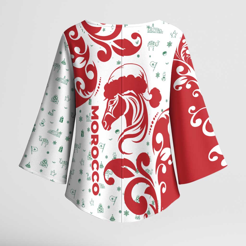 Morocco Christmas Kimono Sleeve Blouse with Red Horse Santa Hat Arabesque Pattern and Holiday Icons Design - Wonder Print Shop
