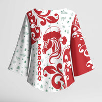 Morocco Christmas Kimono Sleeve Blouse with Red Horse Santa Hat Arabesque Pattern and Holiday Icons Design - Wonder Print Shop