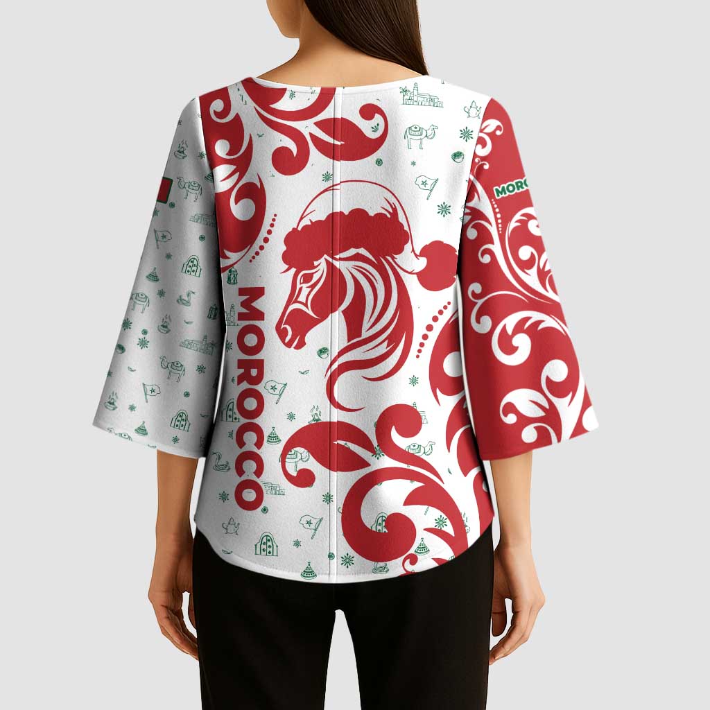 Morocco Christmas Kimono Sleeve Blouse with Red Horse Santa Hat Arabesque Pattern and Holiday Icons Design - Wonder Print Shop