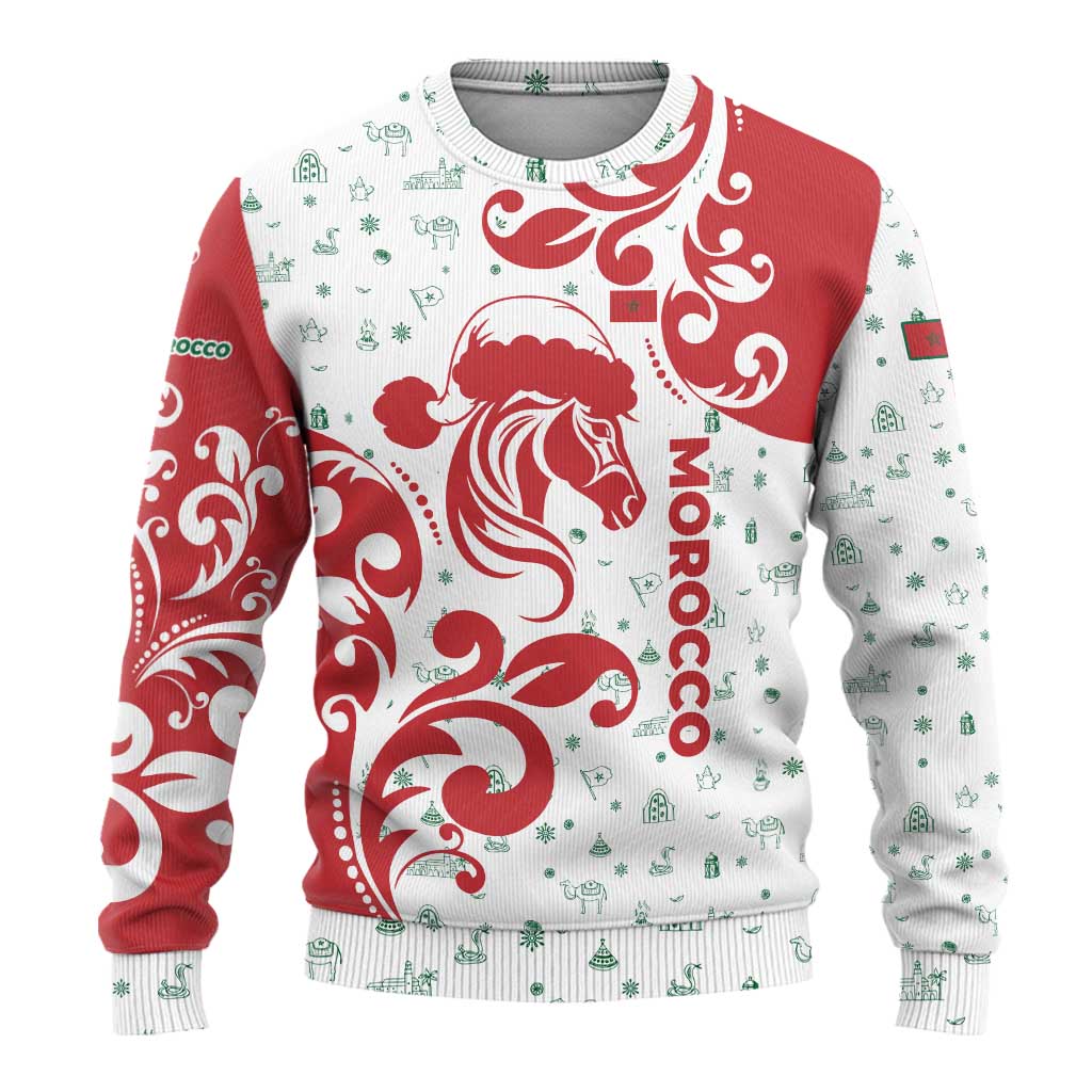 Morocco Christmas Ugly Christmas Sweater with Red Horse Santa Hat Arabesque Pattern and Holiday Icons Design - Wonder Print Shop