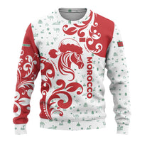 Morocco Christmas Ugly Christmas Sweater with Red Horse Santa Hat Arabesque Pattern and Holiday Icons Design - Wonder Print Shop
