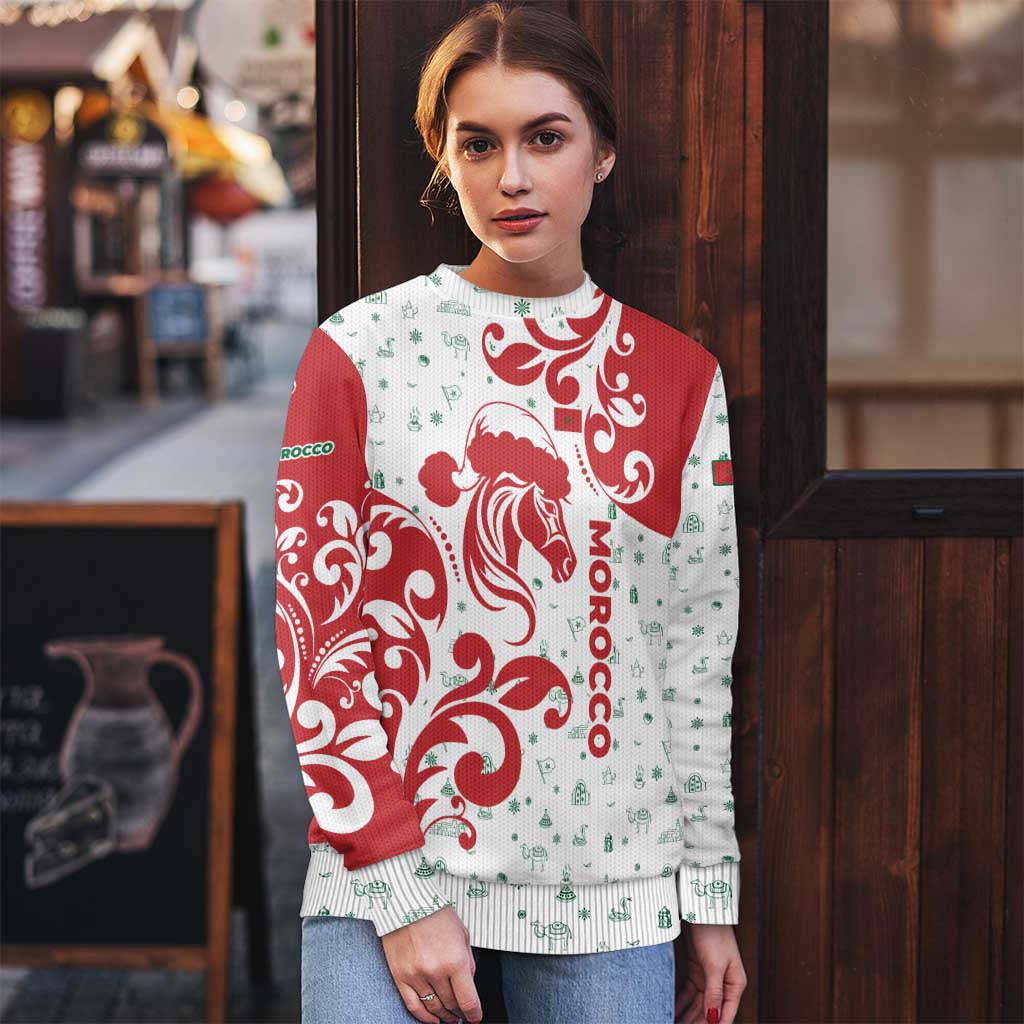 Morocco Christmas Ugly Christmas Sweater with Red Horse Santa Hat Arabesque Pattern and Holiday Icons Design - Wonder Print Shop