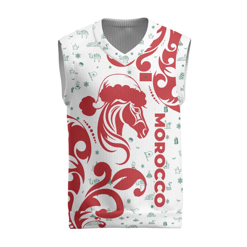 Morocco Christmas Knitted V-Neck Vest with Red Horse Santa Hat Arabesque Pattern and Holiday Icons Design - Wonder Print Shop