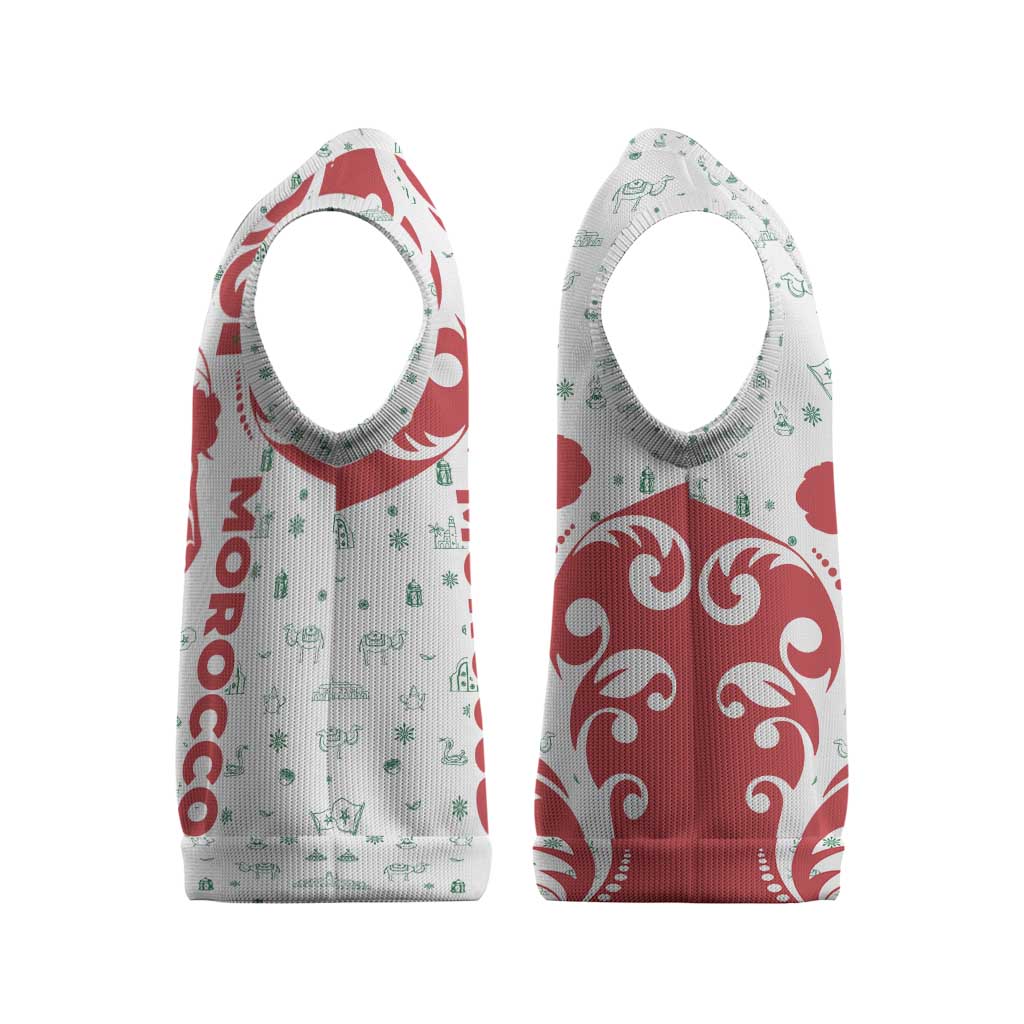 Morocco Christmas Knitted V-Neck Vest with Red Horse Santa Hat Arabesque Pattern and Holiday Icons Design - Wonder Print Shop