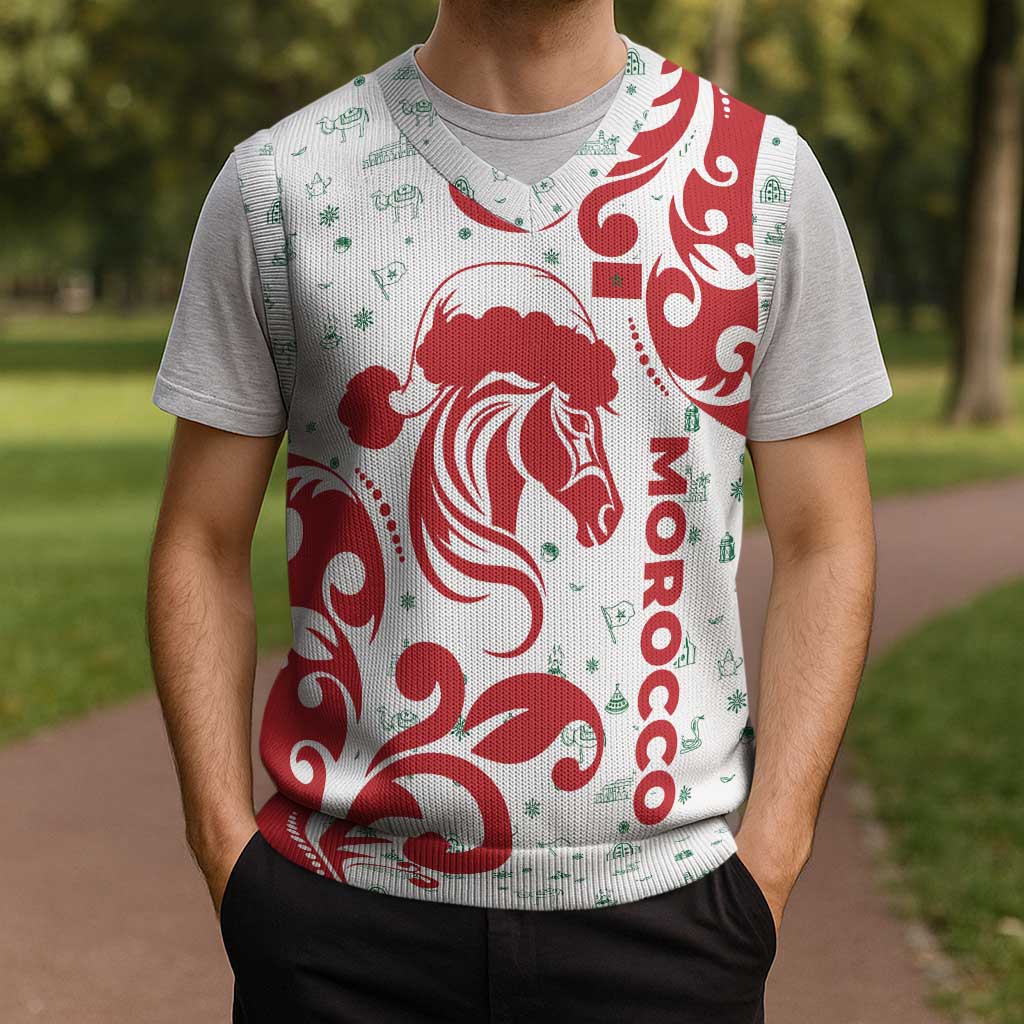 Morocco Christmas Knitted V-Neck Vest with Red Horse Santa Hat Arabesque Pattern and Holiday Icons Design - Wonder Print Shop