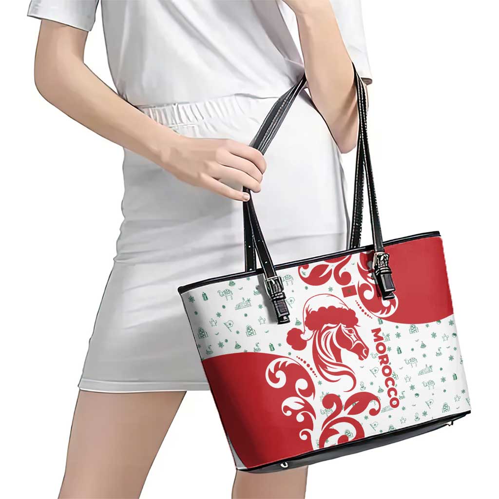 Morocco Christmas Leather Tote Bag with Red Horse Santa Hat Arabesque Pattern and Holiday Icons Design - Wonder Print Shop