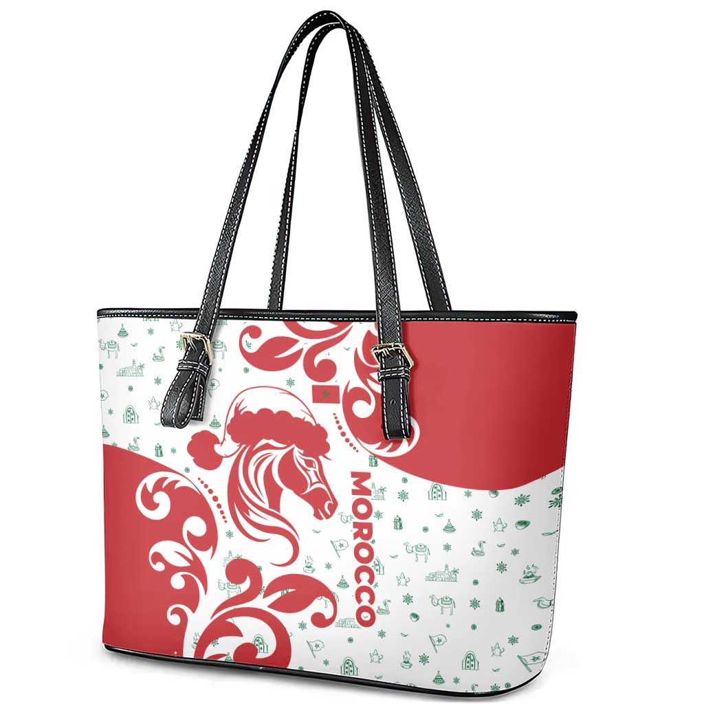 Morocco Christmas Leather Tote Bag with Red Horse Santa Hat Arabesque Pattern and Holiday Icons Design - Wonder Print Shop