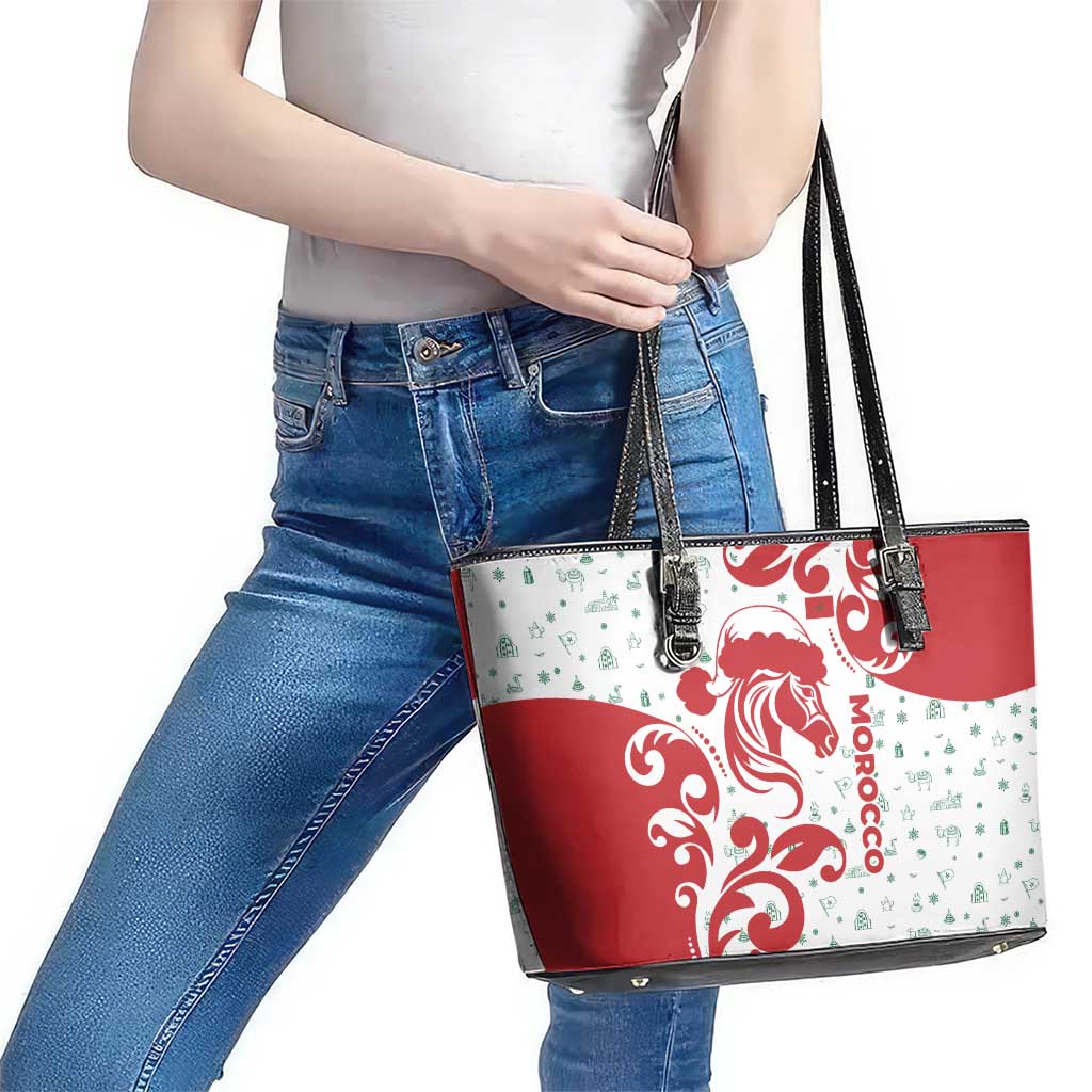 Morocco Christmas Leather Tote Bag with Red Horse Santa Hat Arabesque Pattern and Holiday Icons Design - Wonder Print Shop