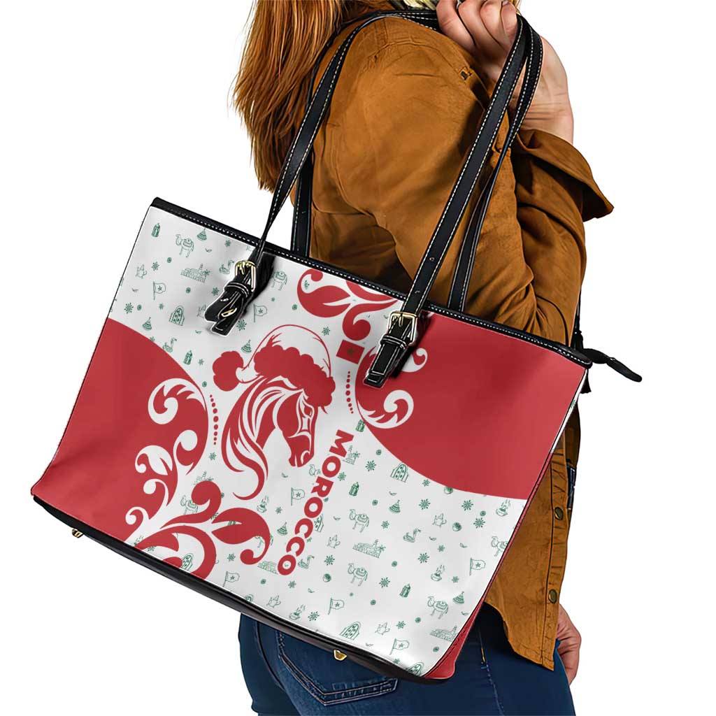 Morocco Christmas Leather Tote Bag with Red Horse Santa Hat Arabesque Pattern and Holiday Icons Design - Wonder Print Shop