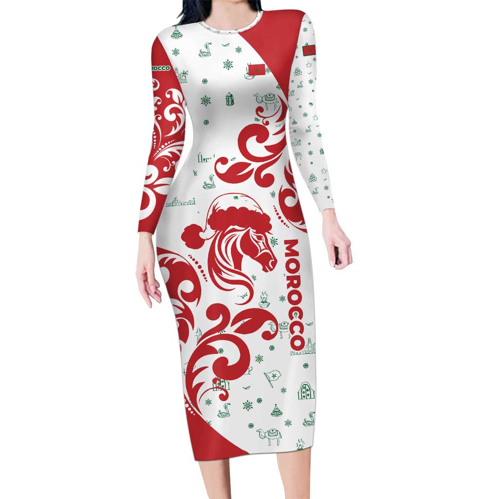 Morocco Christmas Long Sleeve Bodycon Dress with Red Horse Santa Hat Arabesque Pattern and Holiday Icons Design - Wonder Print Shop