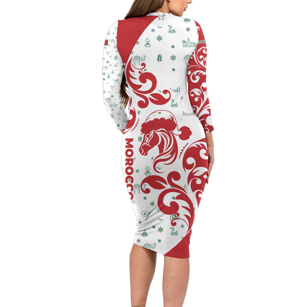 Morocco Christmas Long Sleeve Bodycon Dress with Red Horse Santa Hat Arabesque Pattern and Holiday Icons Design - Wonder Print Shop