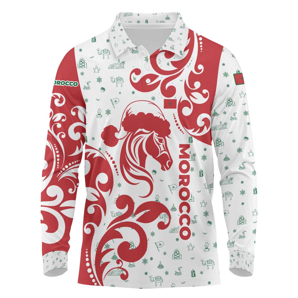 Morocco Christmas Long Sleeve Polo Shirt with Red Horse Santa Hat Arabesque Pattern and Holiday Icons Design - Wonder Print Shop